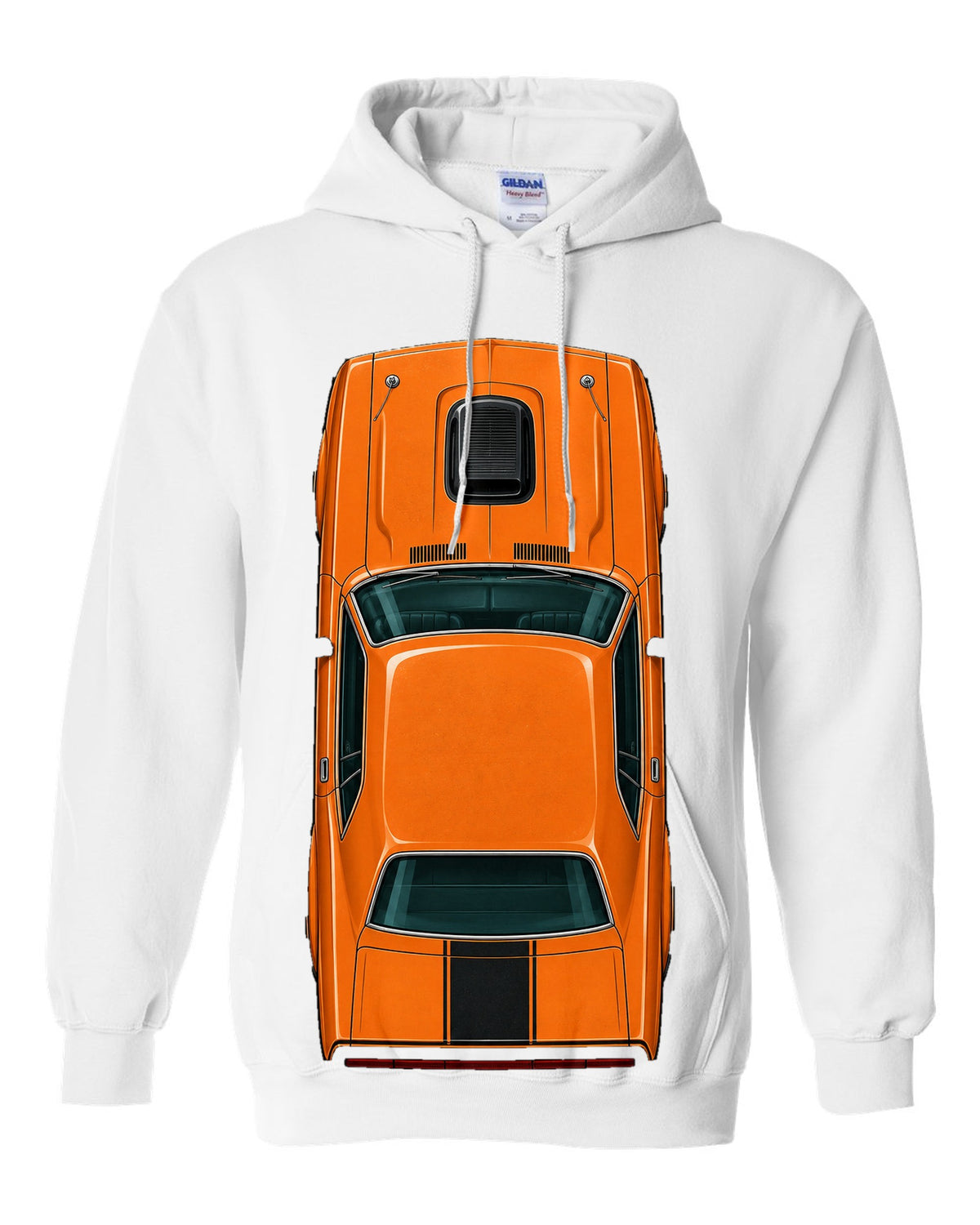 Overhead spec-sheet data plate illustration of a 1970 Dodge Challenger R/T in Go Mango white pull over hoodie front view with the design