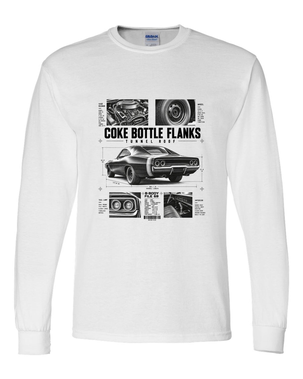 Dossier panel print of a 1969 Dodge Charger R/T with coke bottle flanks and tunnel roof notes white long sleeve front view with the design
