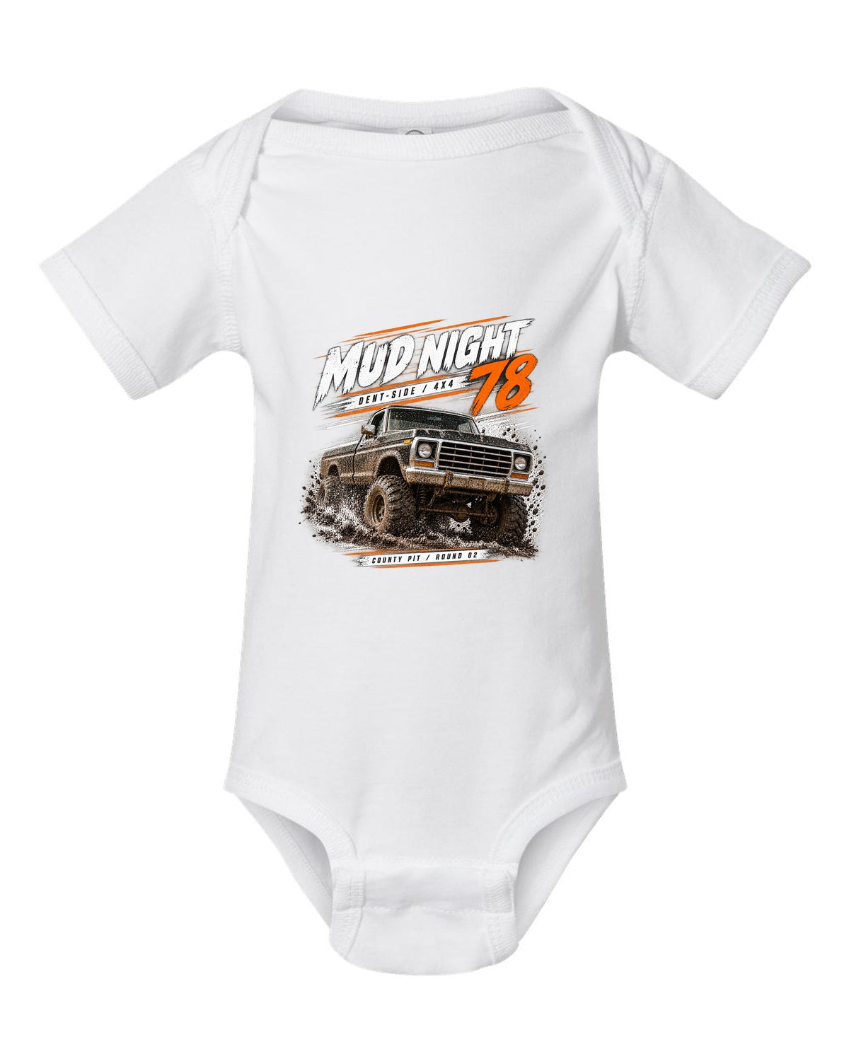 Ford F-150 Dent-Side 1973-79 4x4 Mud Night Race Poster Tee white baby onesie front view with the design