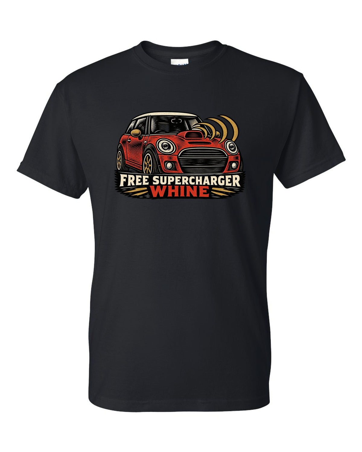 Linocut woodcut print of a Mini Cooper S R53 with the words free supercharger whine black t-shirt front view with the design