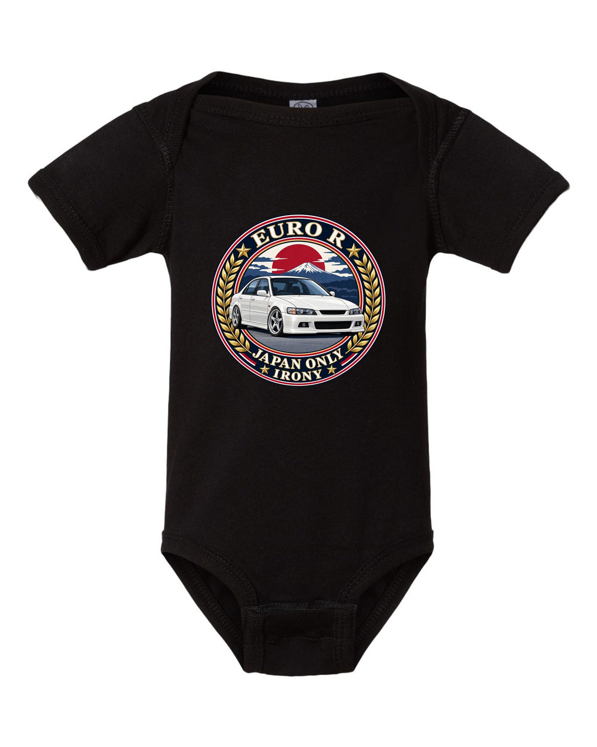Crest layout print for the Honda Accord Euro R CL1 with Japan Only text black baby onesie front view with the design