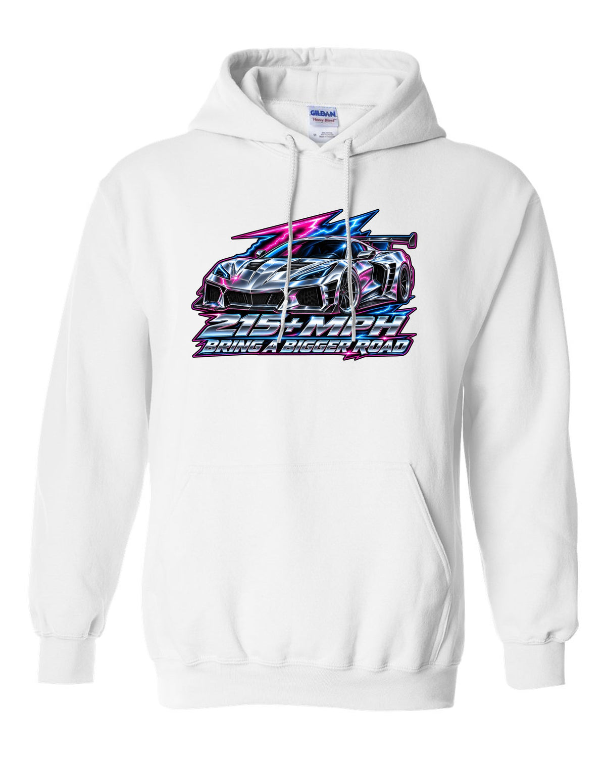 Gauge-cluster HUD design with a 2025 C8 Corvette ZR1 and 215 plus mph lettering white pull over hoodie front view with the design