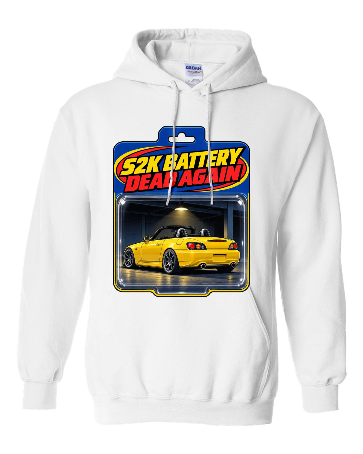 Toy blister card print of a 2004 Honda S2000 AP2 roadster with S2K battery dead again text white pull over hoodie front view with the design