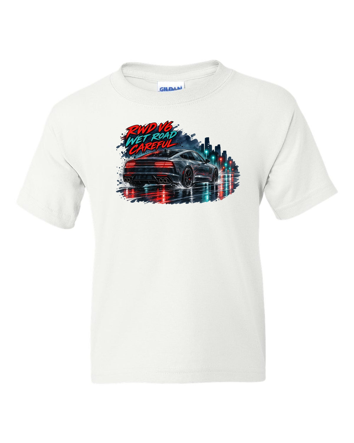 Watercolour wet-road night print of a Kia Stinger GT CK with RWD V6 wet road careful text white kids tee front view with the design