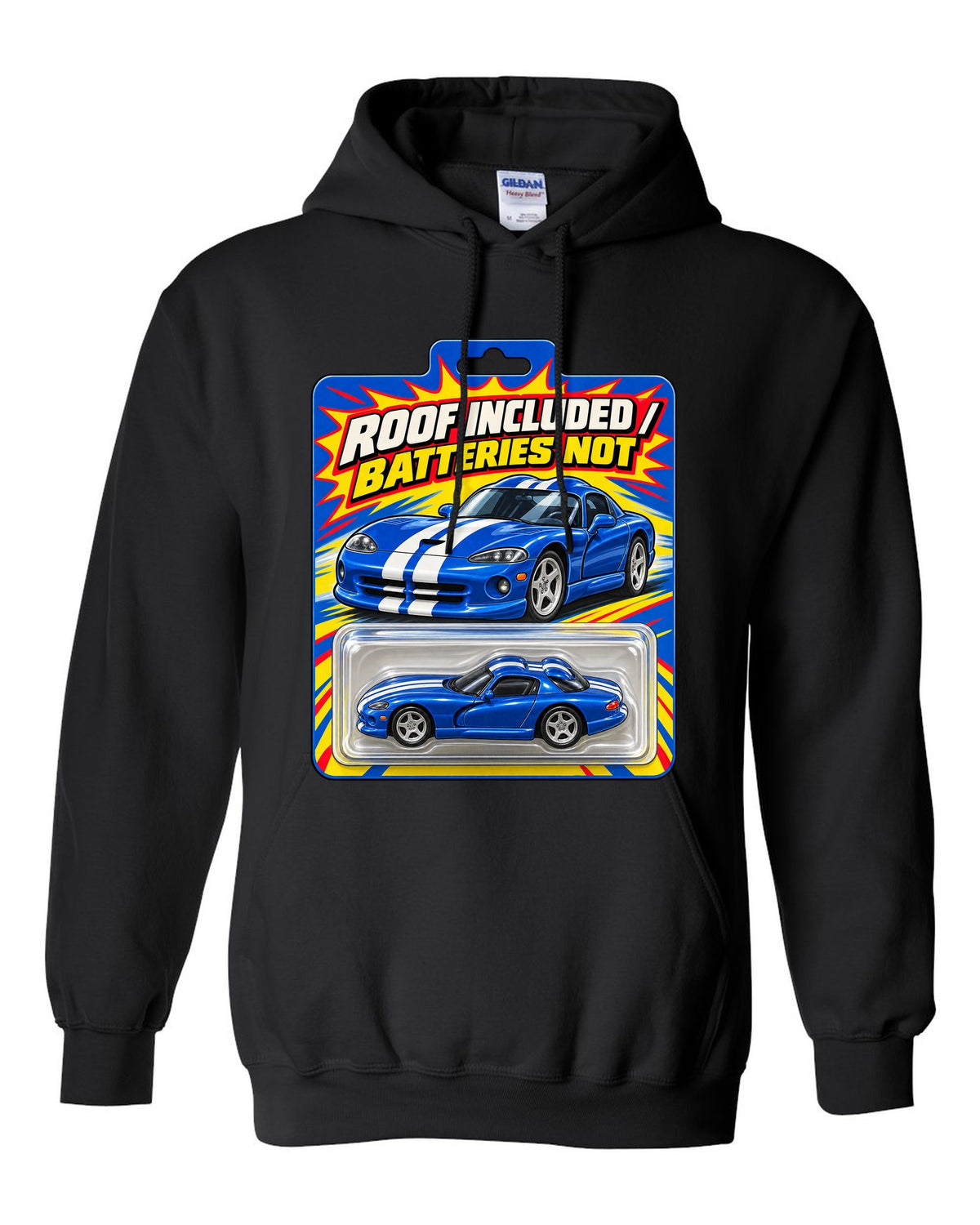 Toy blister-card layout featuring a 1996 Dodge Viper GTS SR II with roof included joke text black pull over hoodie front view with the design