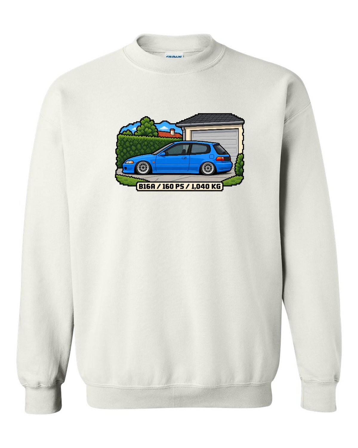 16-bit pixel art print of a 1992 Honda Civic EG6 ch with B16A and 160 PS text white crewneck front view with the design
