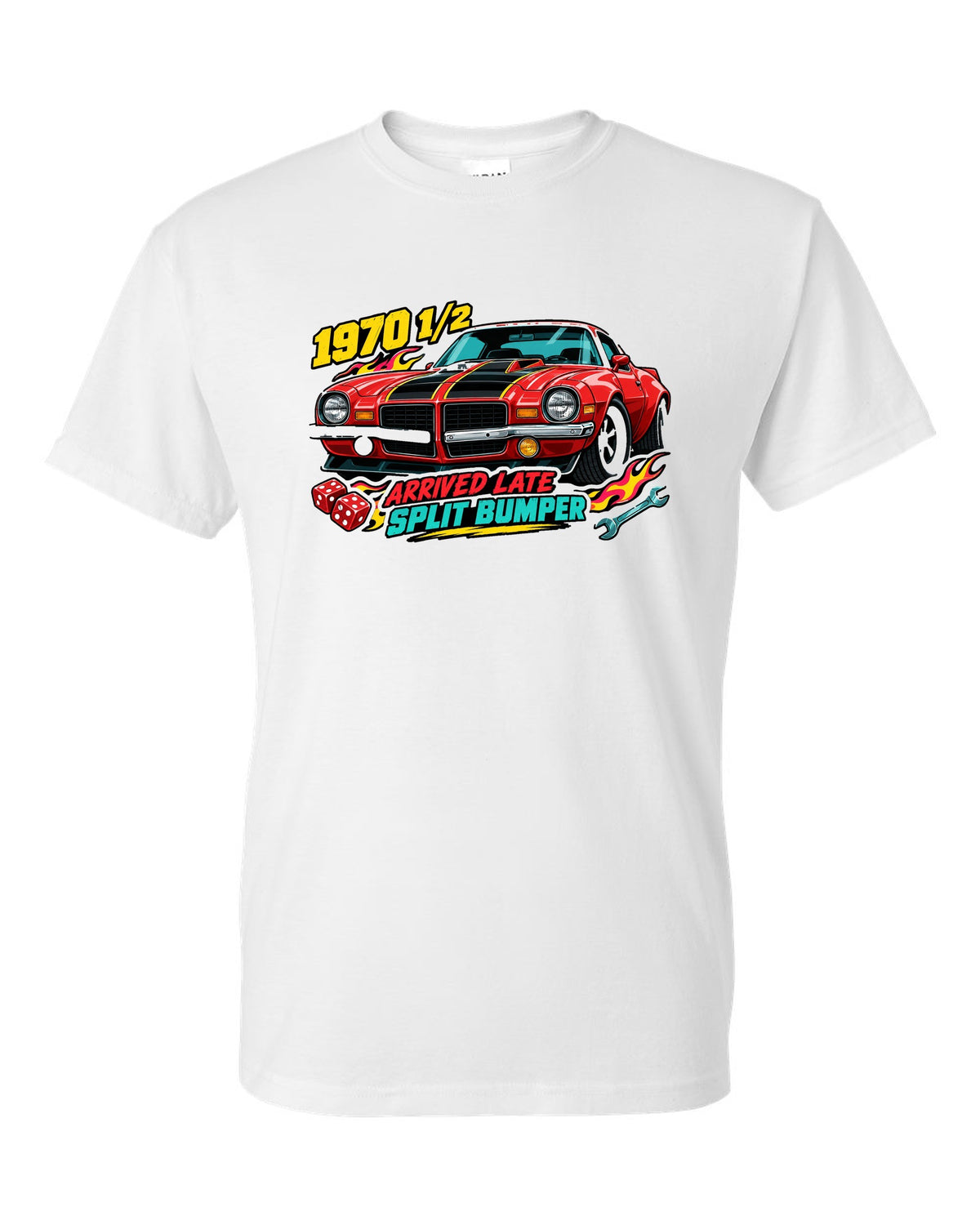 1970 Chevrolet Camaro Z28 split bumper sticker-bomb collage print reading 1970 1/2 Arrived Late white t-shirt front view with the design