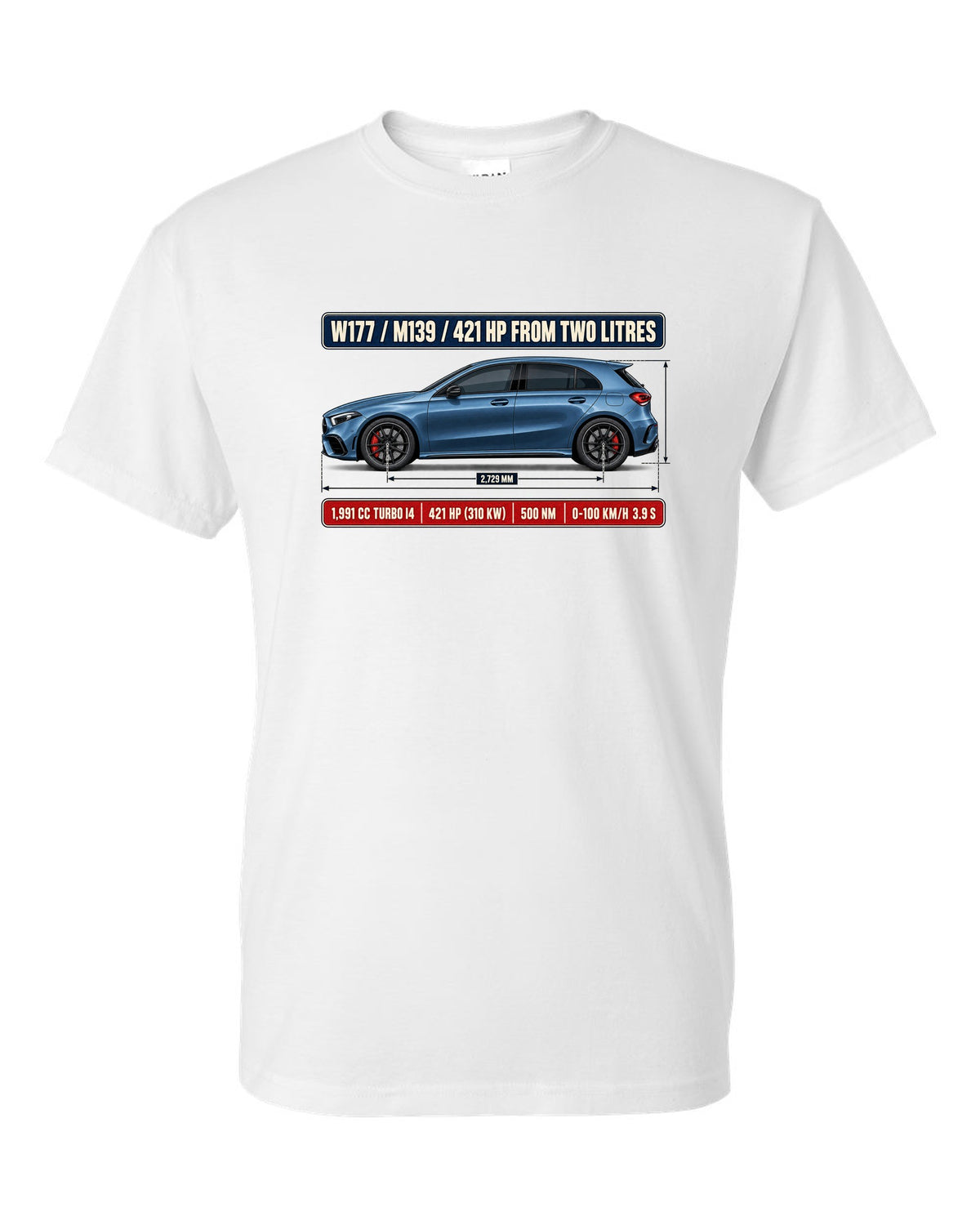 Mercedes-AMG A45 S W177 chback dimension blueprint print white t-shirt front view with the design