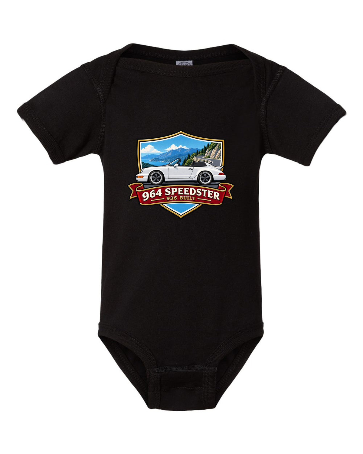 Shield crest design for the Porsche 964 Speedster with 936 built lettering black baby onesie front view with the design
