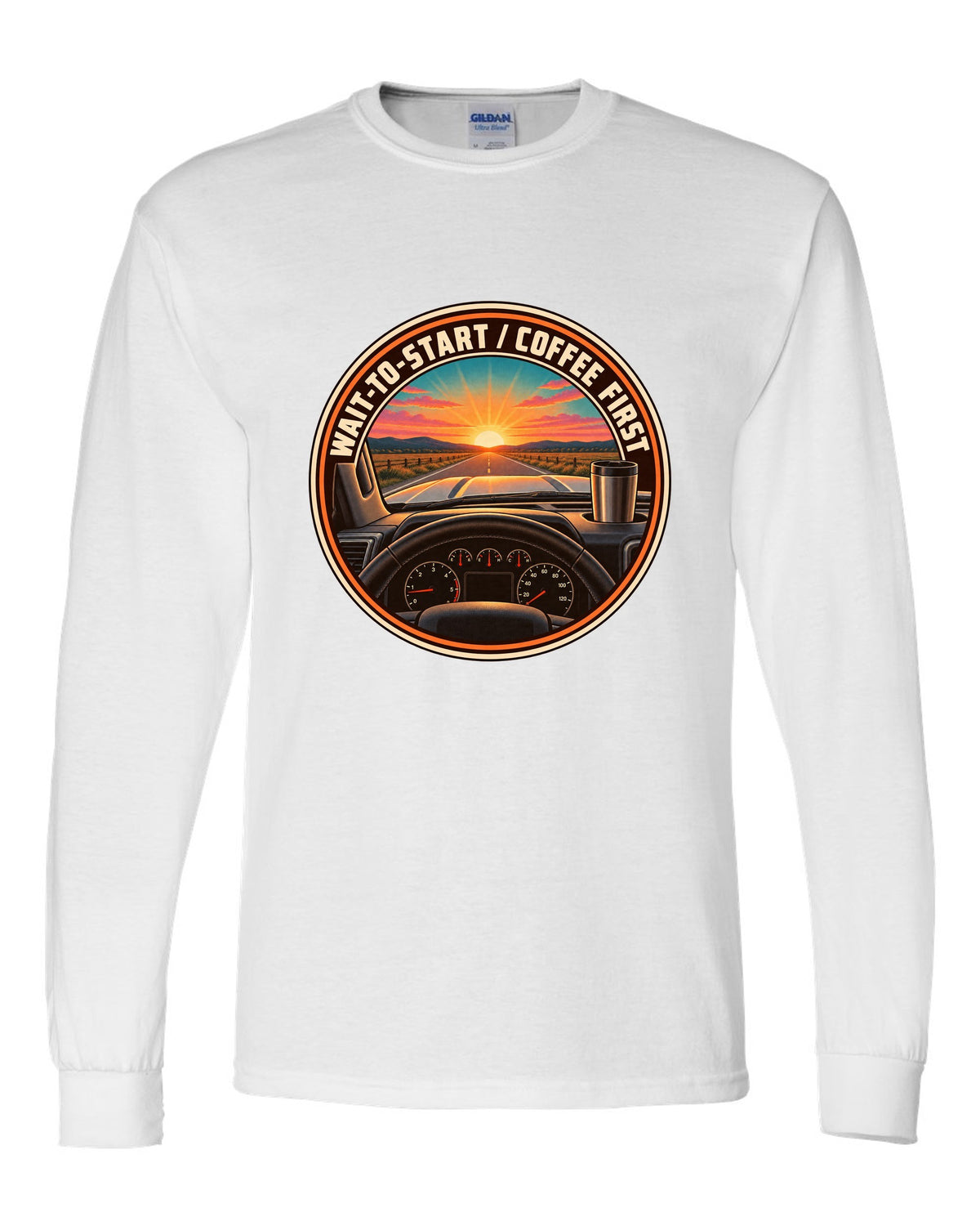 Retro sunset crest print for a 2010-2018 Ram 2500 6.7 Cummins with wait-to-start coffee first text white long sleeve front view with the design