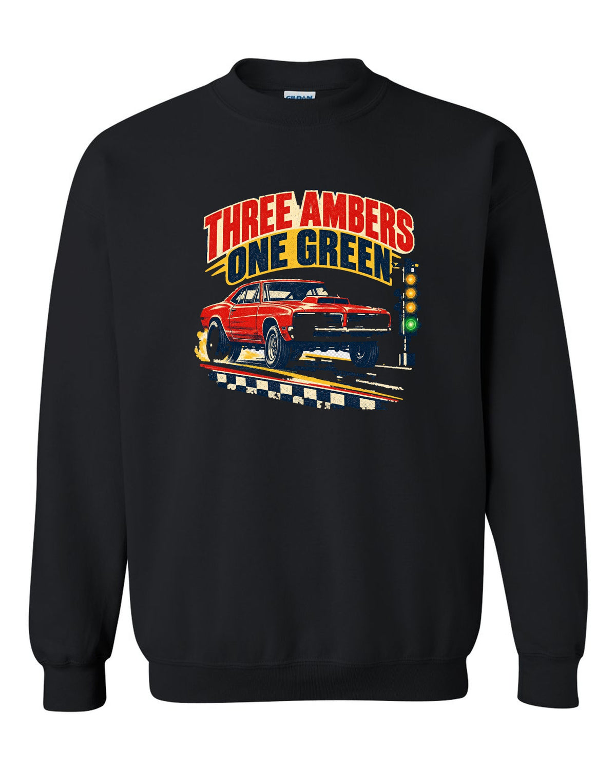Vintage drag-race poster of a 1969 Plymouth Road Runner with the Christmas tree lights black crewneck front view with the design