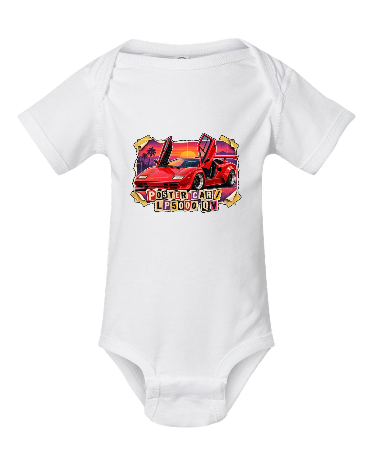 Magazine-cutout collage of a Lamborghini Countach LP5000 QV styled as a pull-out poster car white baby onesie front view with the design