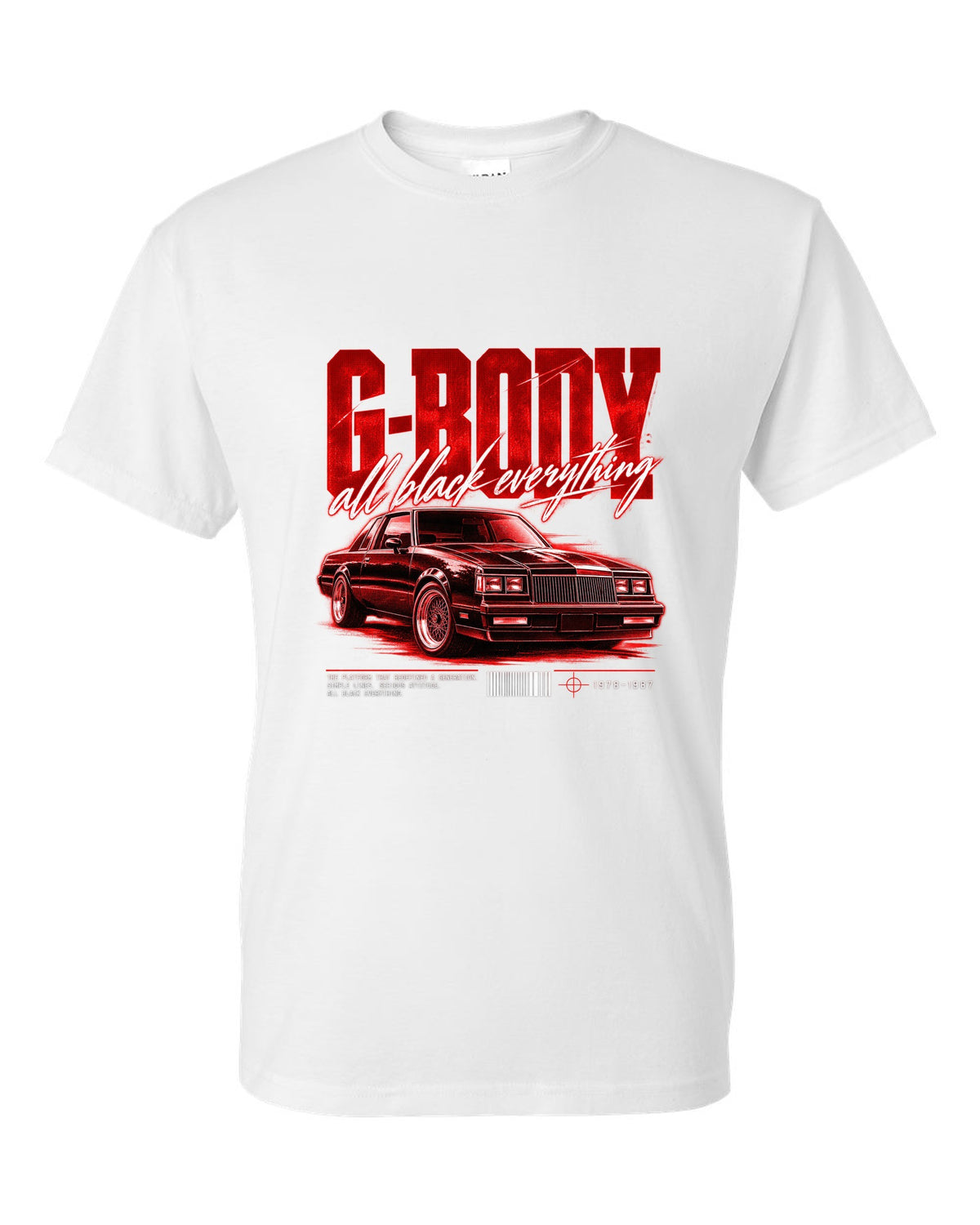 print street poster of an all black Buick Regal G-body coupe 1984-87 white t-shirt front view with the design