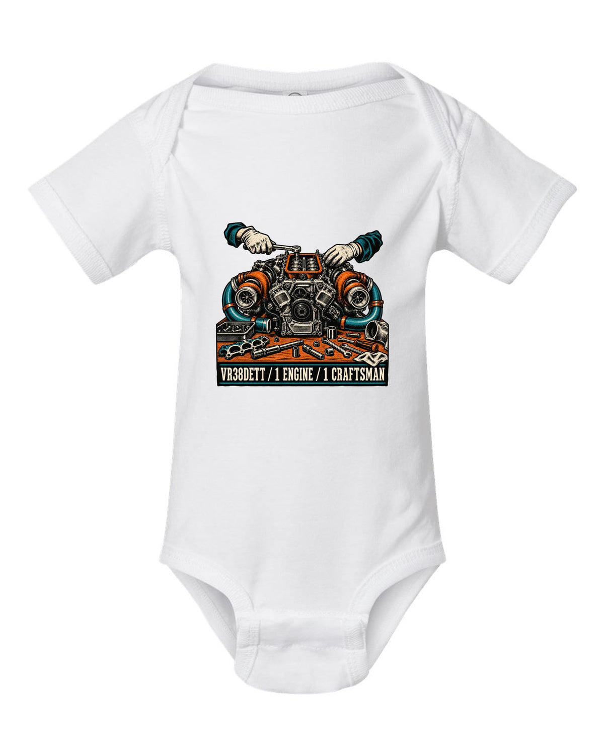 Linocut block-print back design of a Nissan GT-R R35 with VR38DETT engine text white baby onesie front view with the design