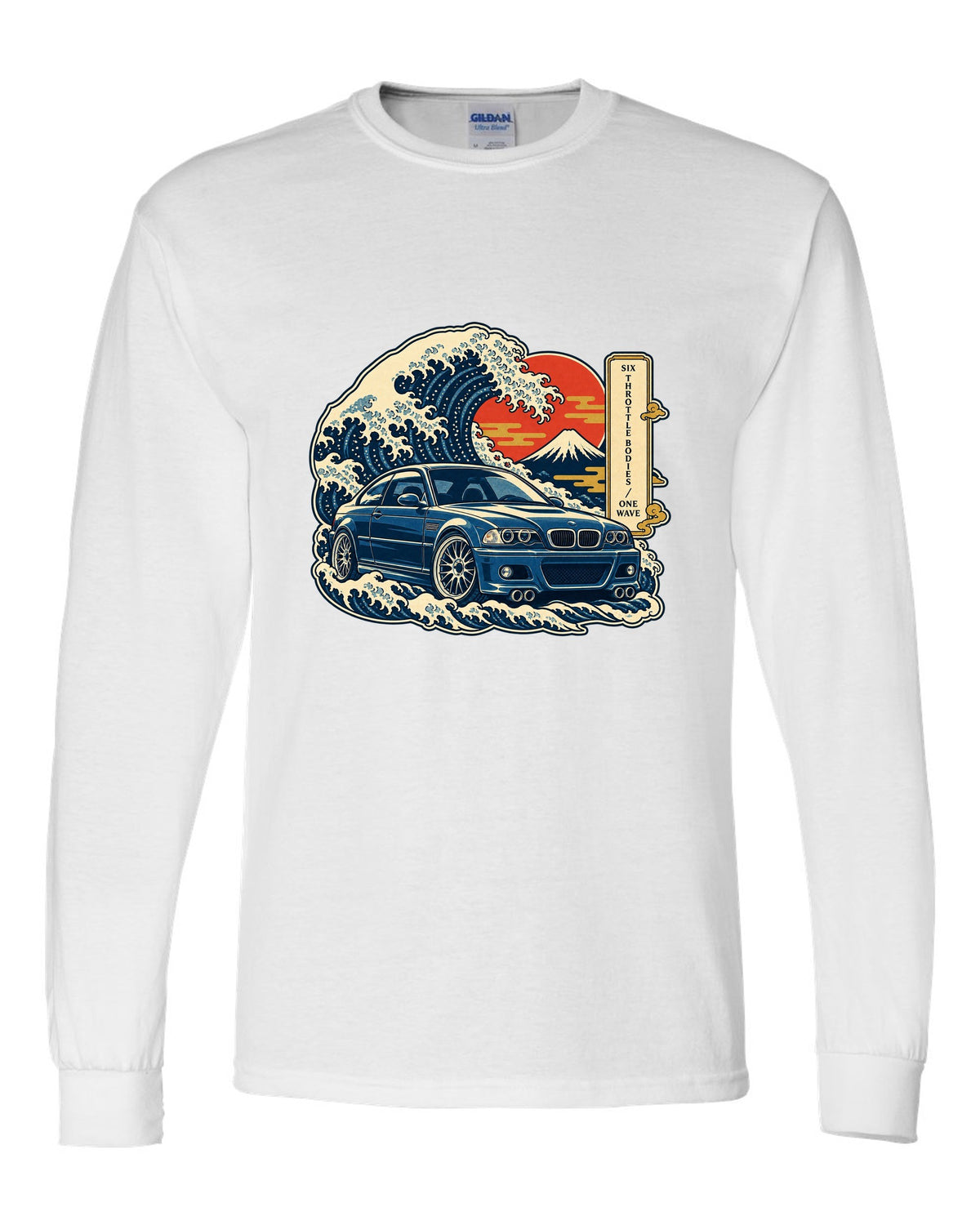Ukiyo-e woodblock style print of a BMW E46 M3 coupe with six throttle bodies one wave text white long sleeve front view with the design
