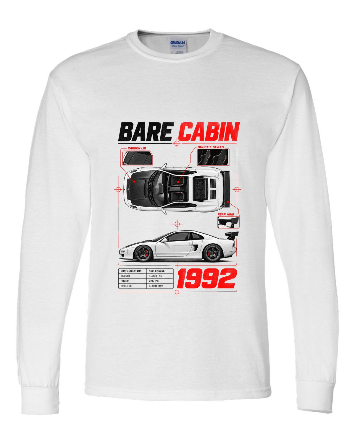 Spec poster print for the 1992 Honda NSX-R NA1 listing bare cabin, bucket seats and carbon lid white long sleeve front view with the design