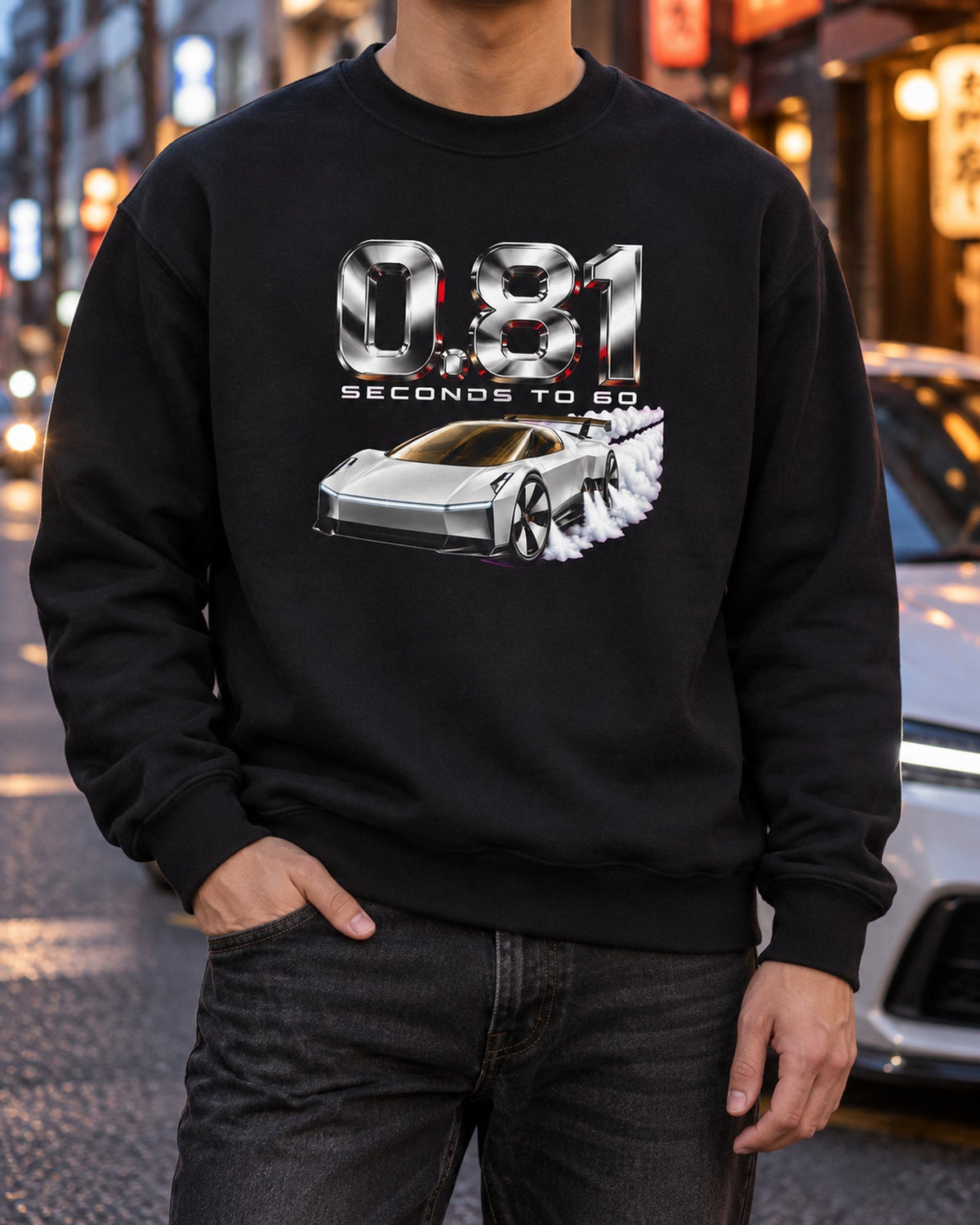 Tesla Roadster 0.81 Seconds Shirt, Hoodie & More Crewneck Black worn hero