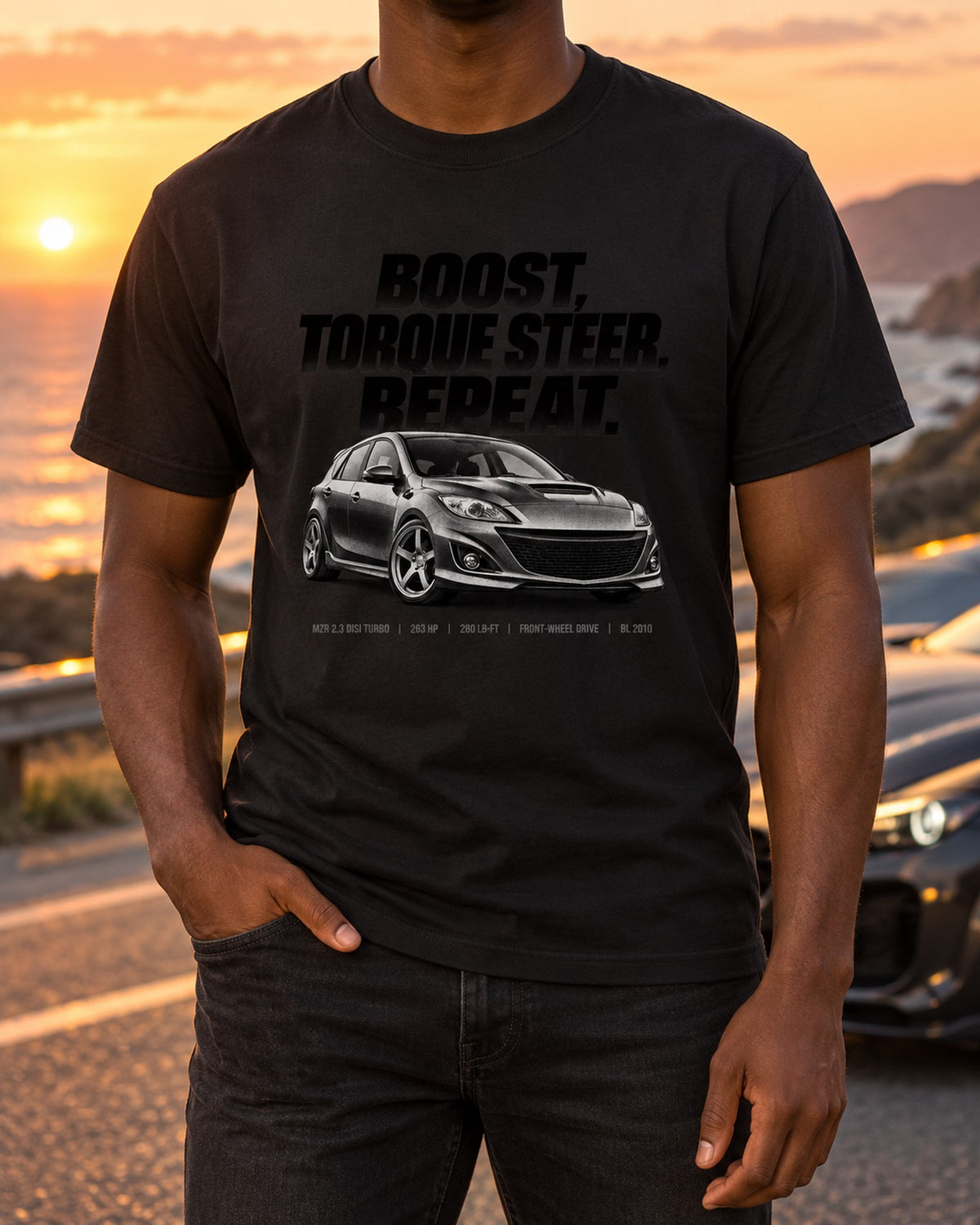 Mazdaspeed3 BL 2010 Halftone Shirt, Boost and Torque Steer T-Shirt Black worn hero