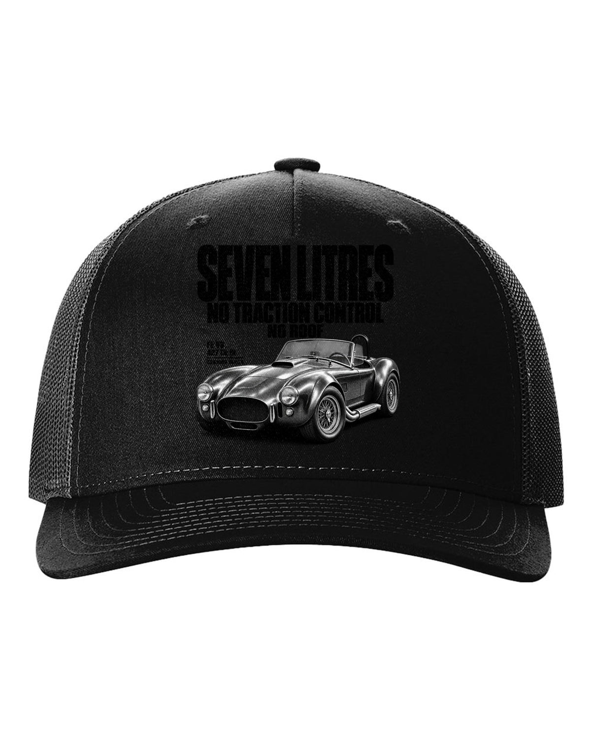 Shelby Cobra 427 Side-Oiler Halftone black hat front view with the design