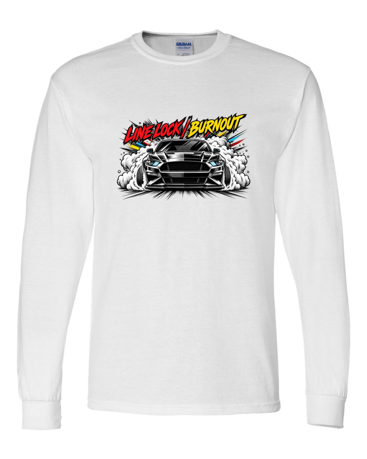 Varsity embroidery-style crest of an S550 Mustang fastback reading Yes, It's A Four white long sleeve front view with the design