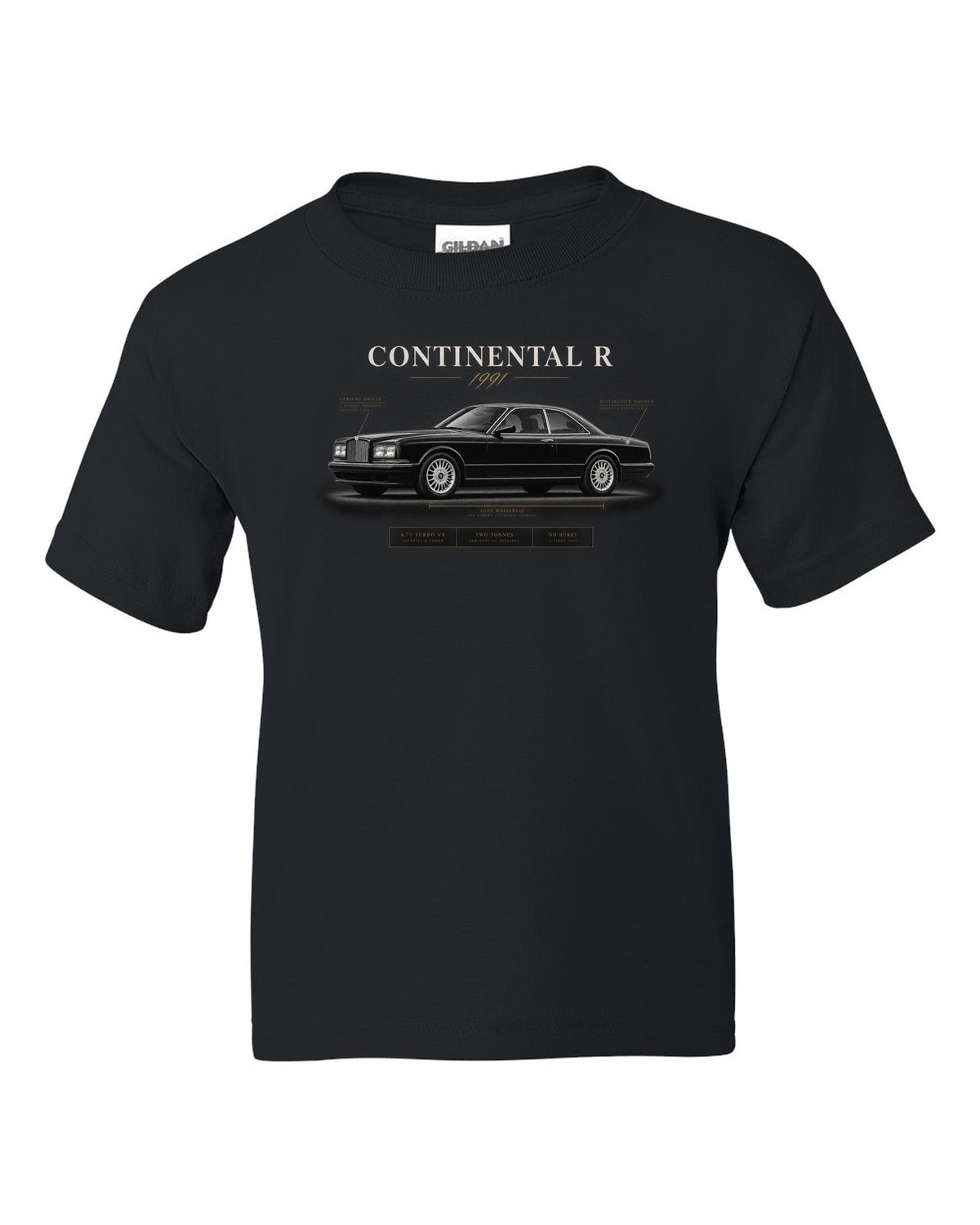 Bentley Continental R 1991 spec poster with 6.75 turbo V8 black kids tee front view with the design