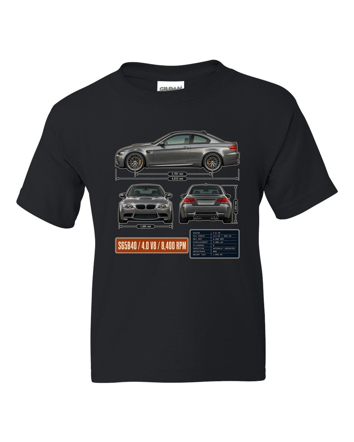 BMW M3 E92 coupe three-view drawing with S65 V8 spec table black kids tee front view with the design