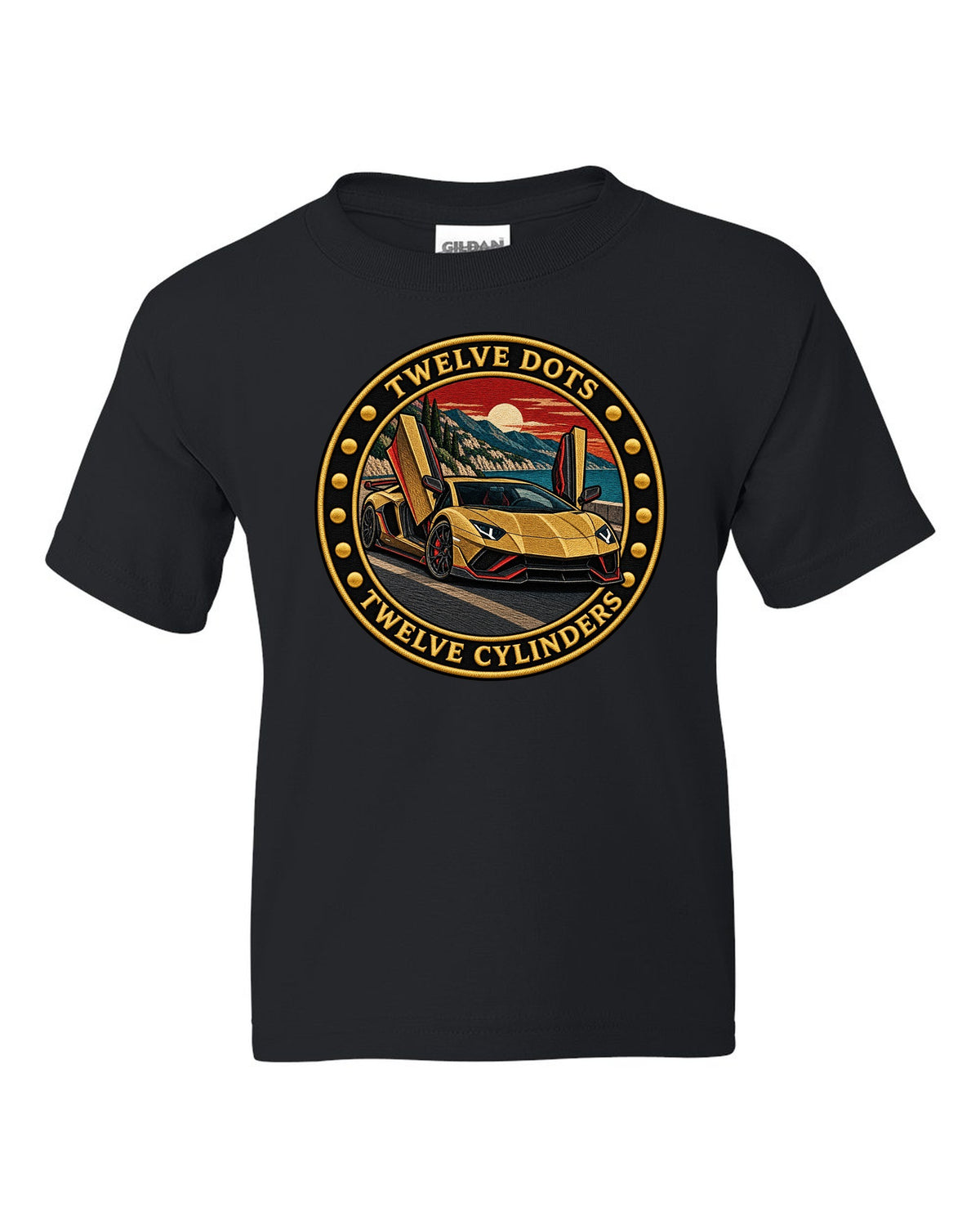 Embroidery-style round crest with a Lamborghini Aventador Ultimae LP780-4 and text TWELVE DOTS / TWELVE CYLINDERS black kids tee front view with the design