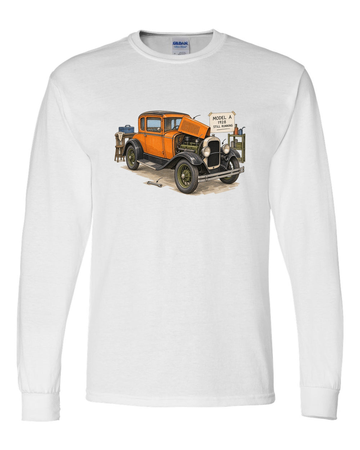 Ink and marker sketch of a 1928 Ford Model A coupe with still running lettering white long sleeve front view with the design