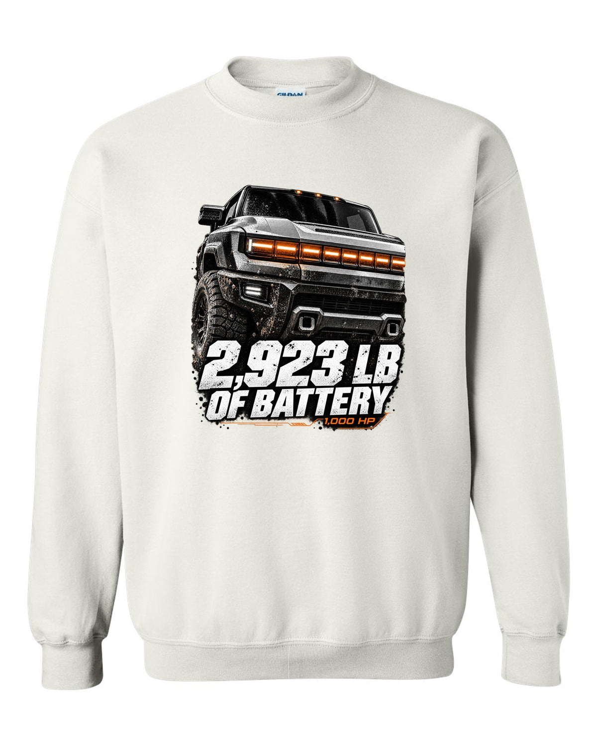 GMC Hummer EV pickup lit front panel macro with battery weight text white crewneck front view with the design