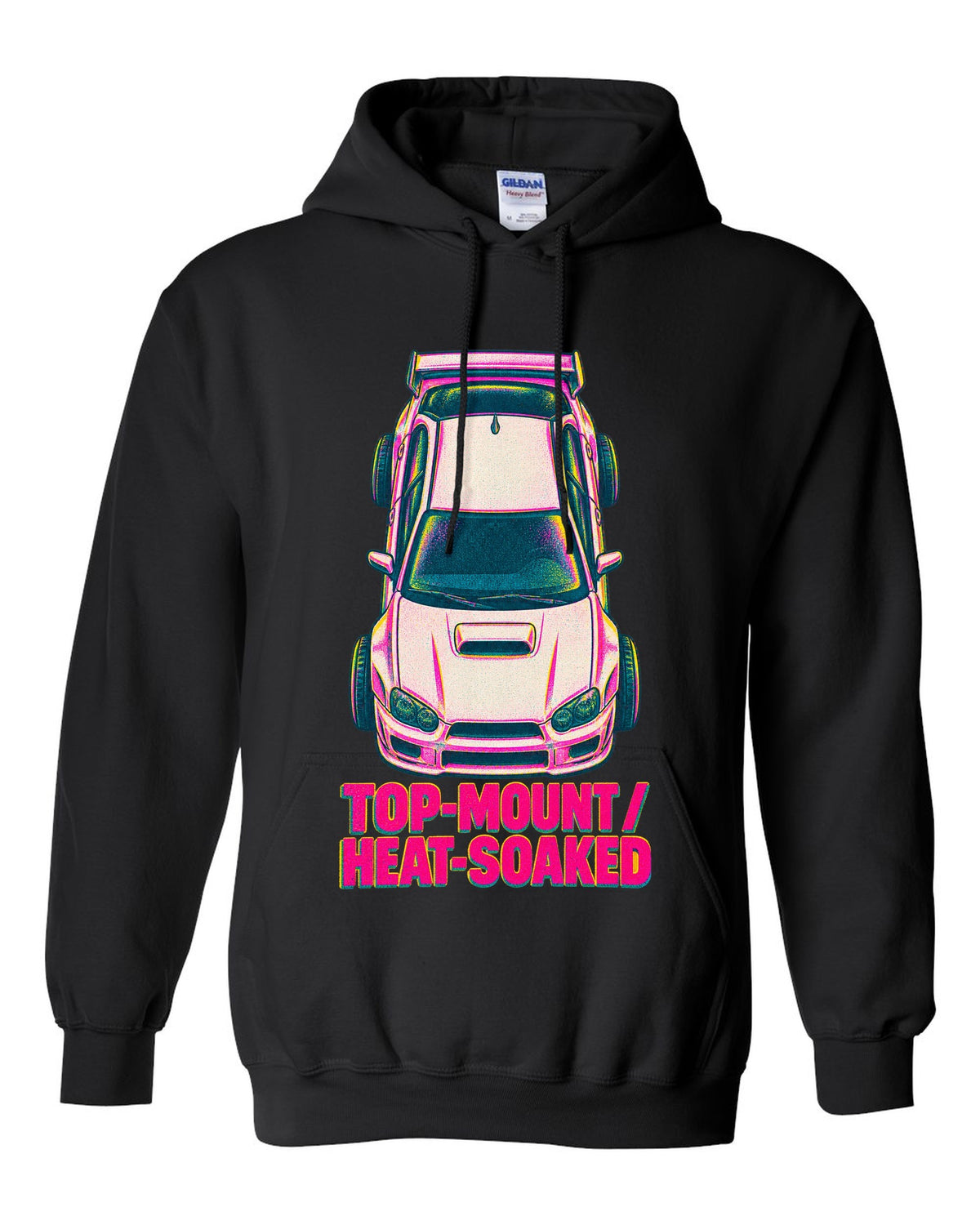 Risograph top view of a Subaru Impreza WRX GDB Blobeye with heat-soaked text black pull over hoodie front view with the design