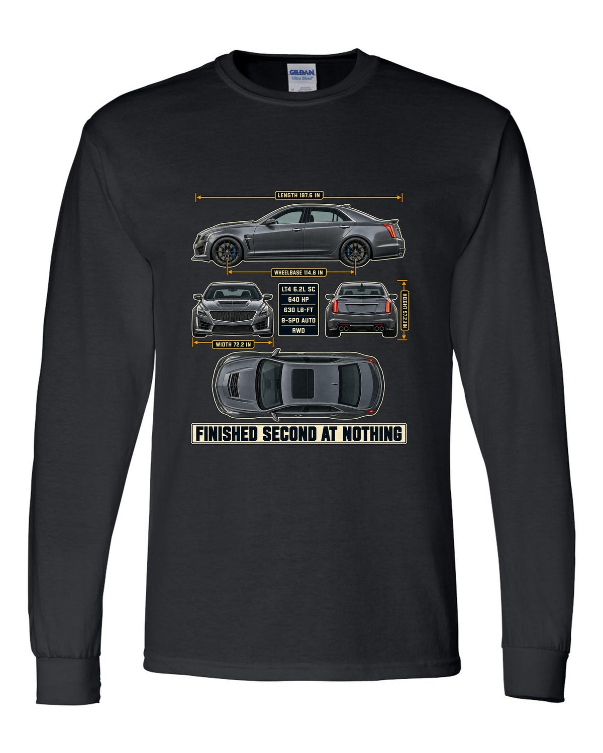 Dimension blueprint print of a 2016-19 Cadillac CTS-V sedan black long sleeve front view with the design