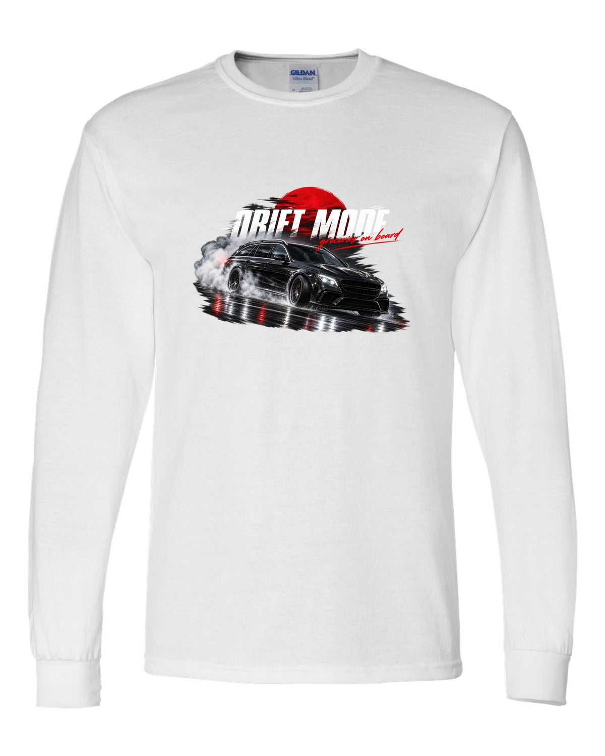 print night drift scene of a 2018 Mercedes E63 S AMG Estate S213 with text Drift Mode groceries on board white long sleeve front view with the design