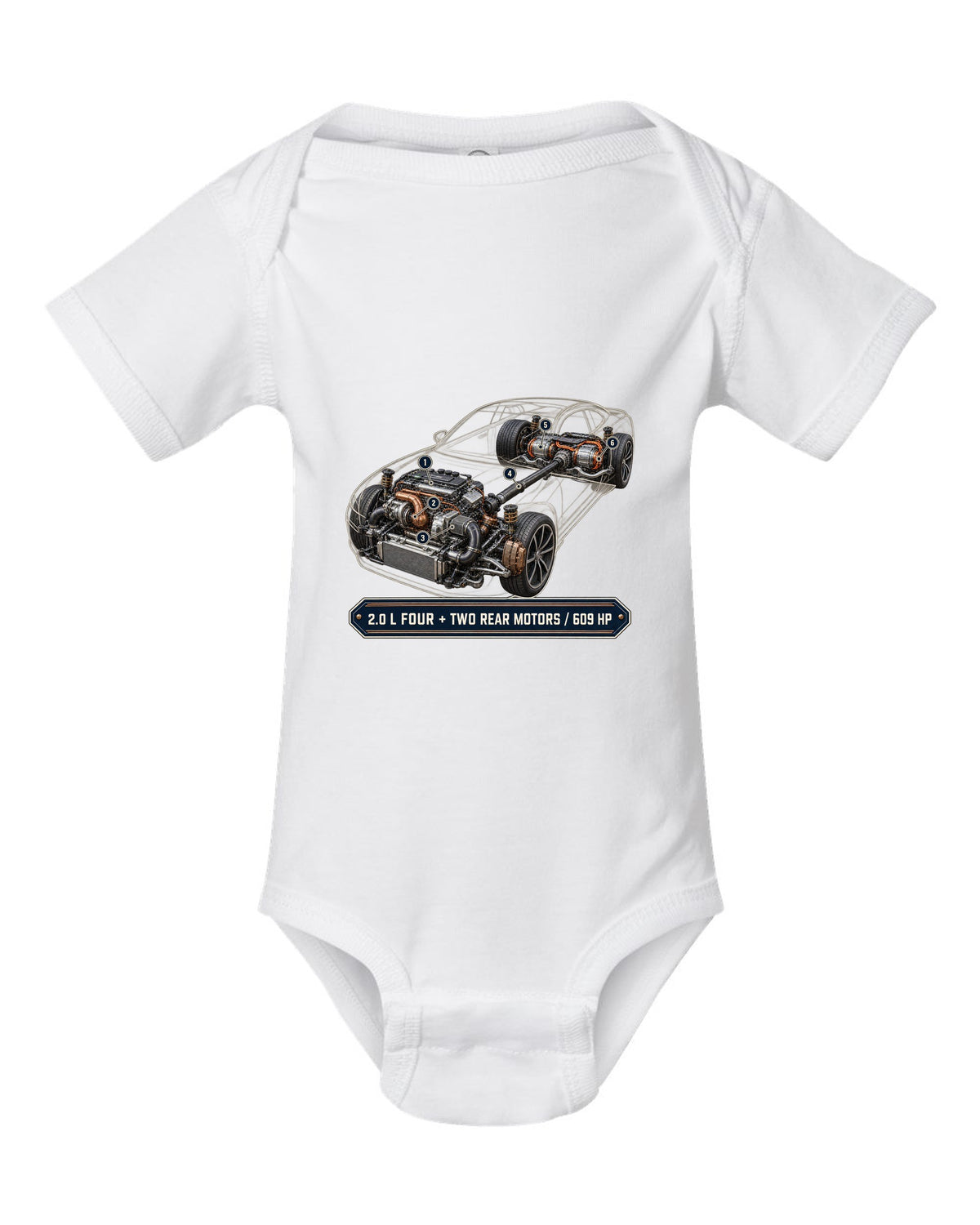 Polestar 1 hybrid drivetrain illustration, engine hero print white baby onesie front view with the design