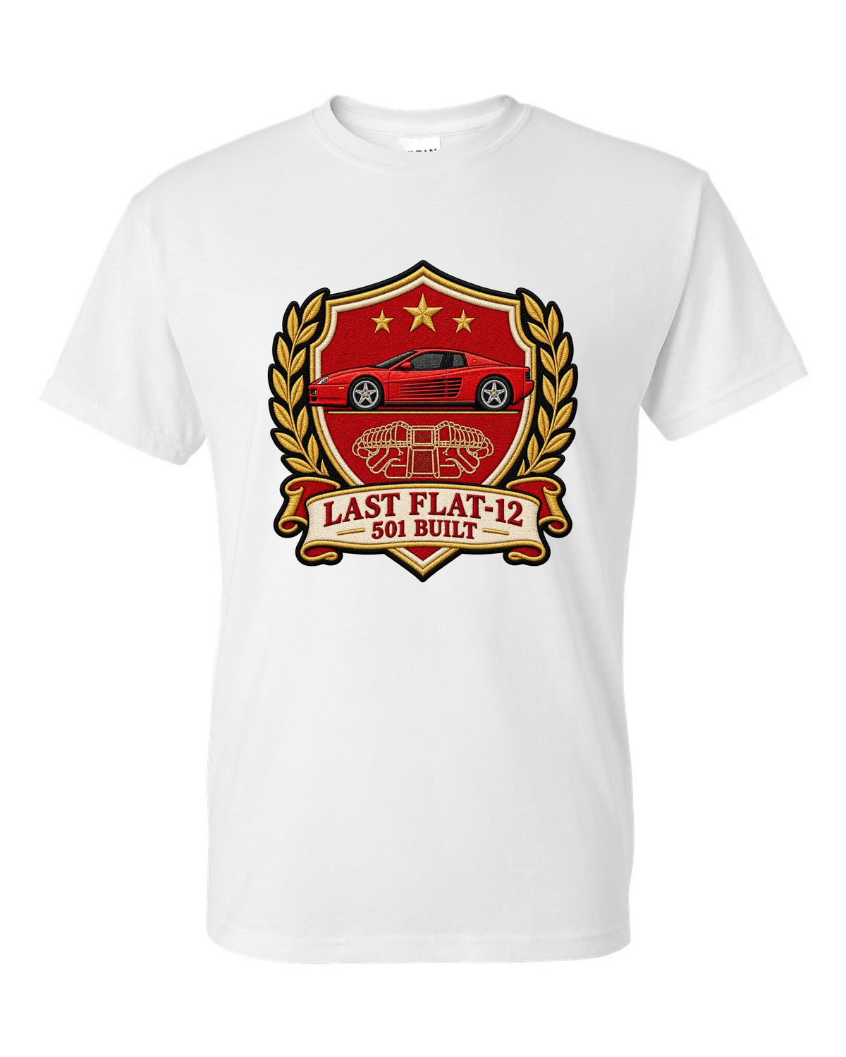 Varsity crest print for the Ferrari F512 M with the text last flat-12, 501 built white t-shirt front view with the design