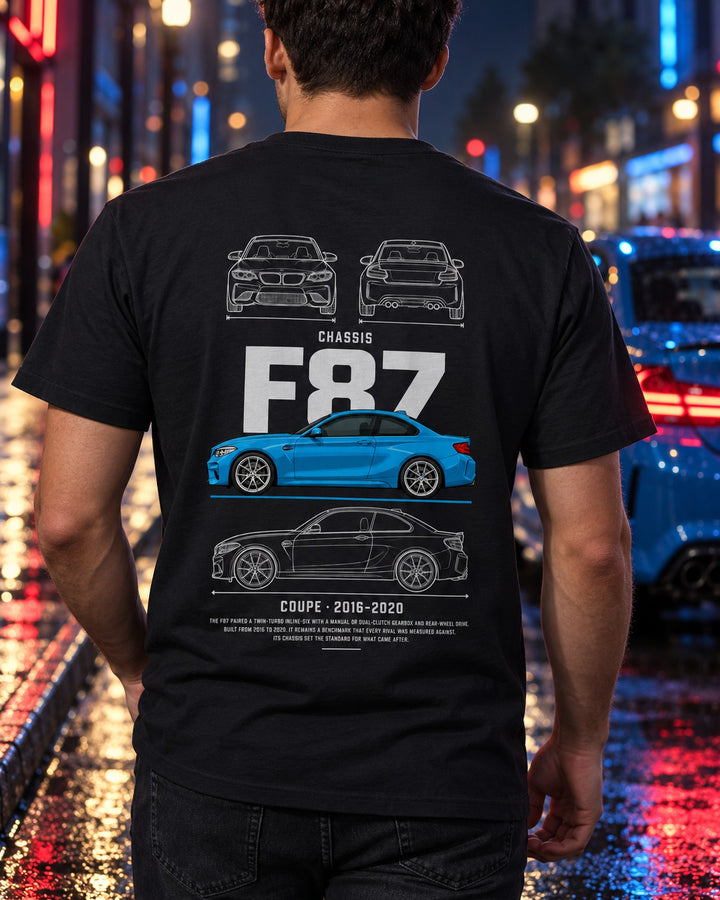 BMW F87 M2 compact coupe Blueprint Full-Back Graphic Tee, F87 Chassis Code T-Shirt Black worn hero
