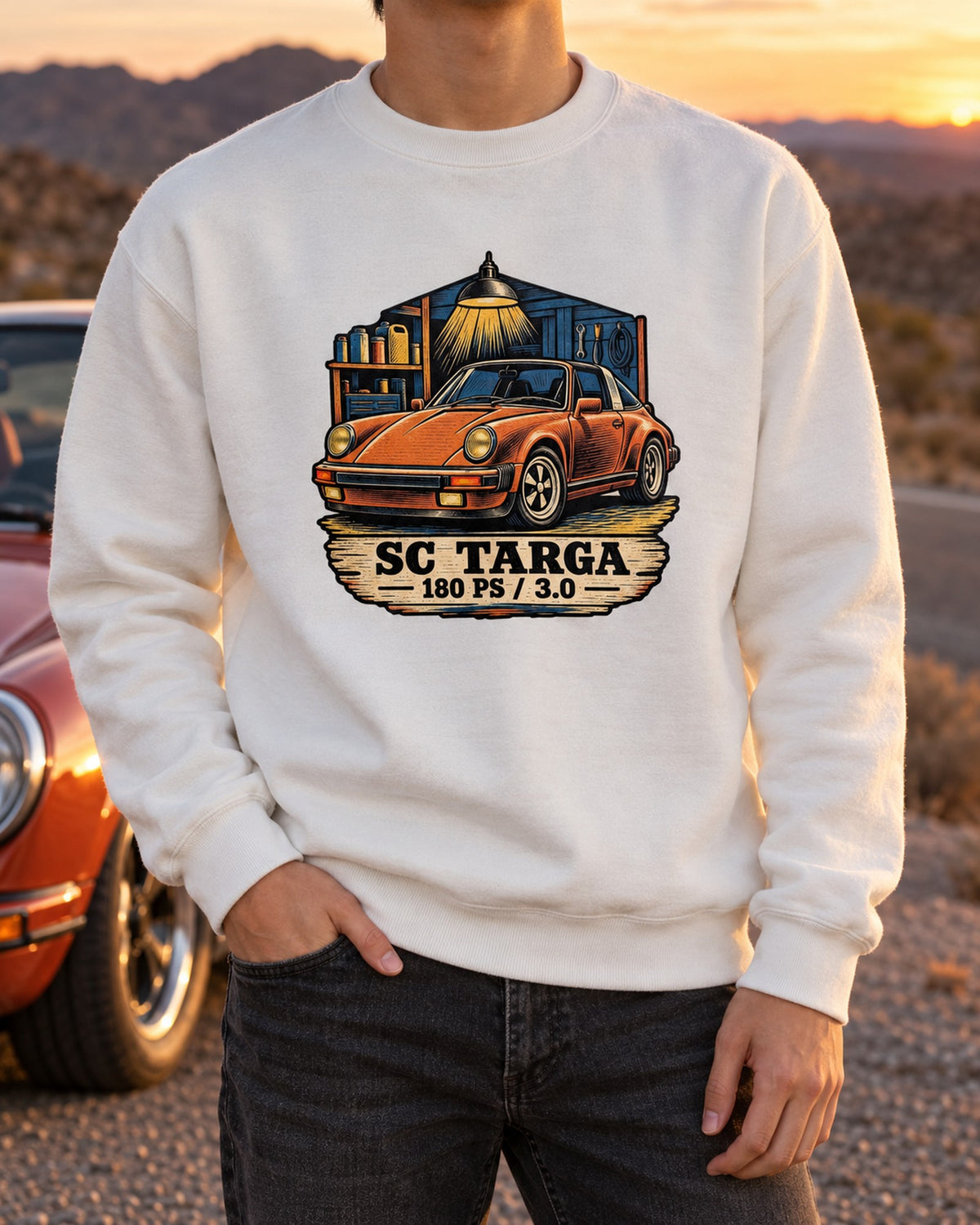Blueprint Porsche 356 A 1.6 L Flat-Four Shirt, Car Guy Gift Crewneck White worn hero