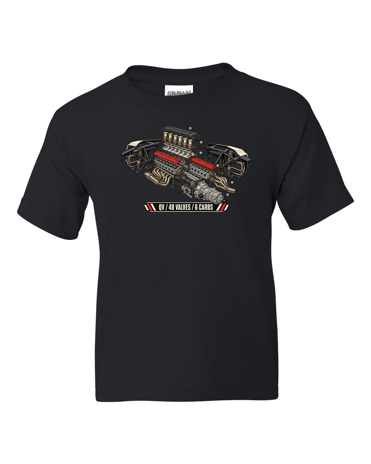 Exploded engine cutaway of a 1985 Lamborghini Countach LP5000 QV with 48 valves and 6 carbs lettering black kids tee front view with the design