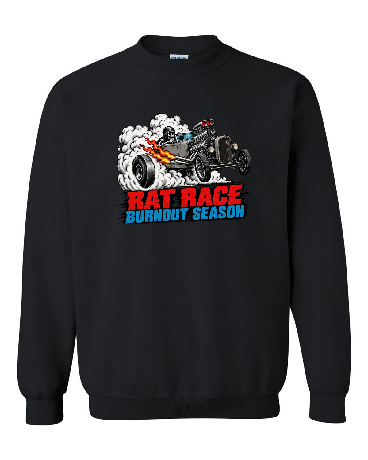Halftone screenprint print of a primer-grey rat rod roadster in tyre smoke with Burnout Season lettering black crewneck front view with the design