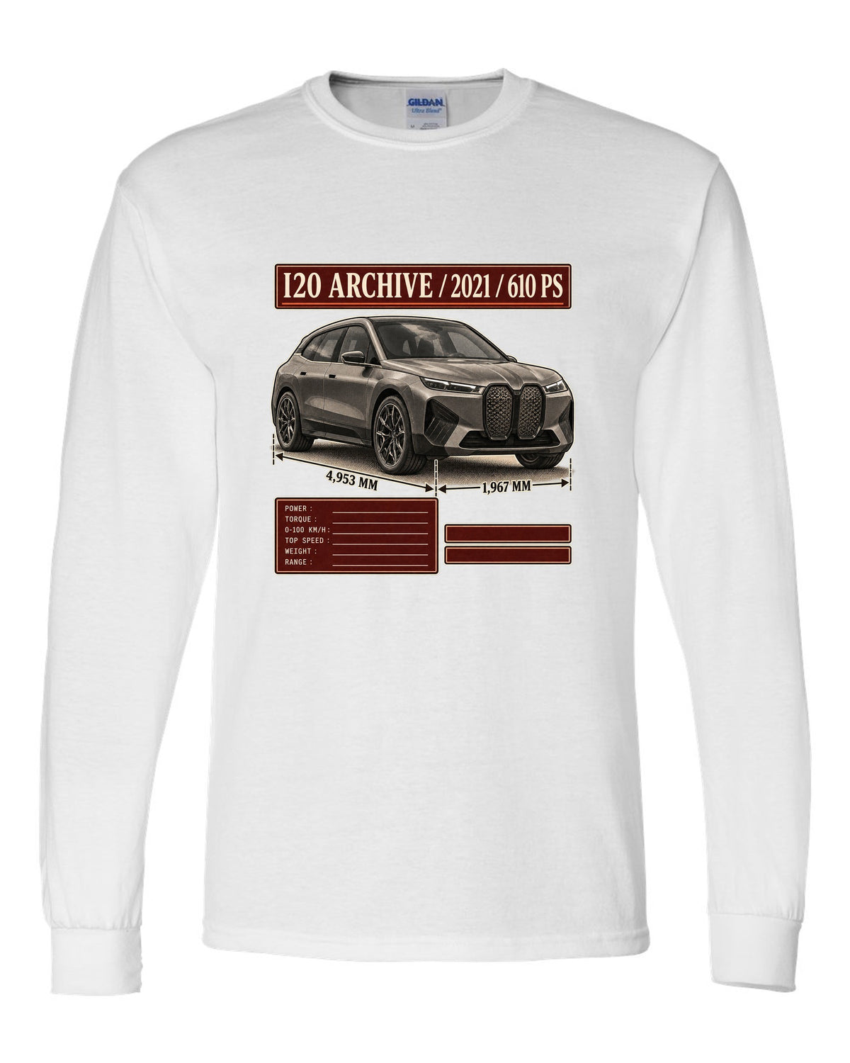 Archive panel print of the BMW iX M60 I20 with 2021 and 610 PS white long sleeve front view with the design