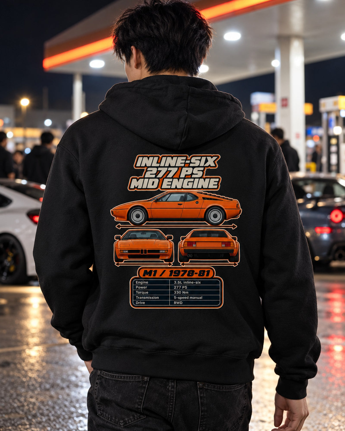 BMW M1 Spec Sheet Full-Back Graphic Tee Zip Hoodie Black worn hero