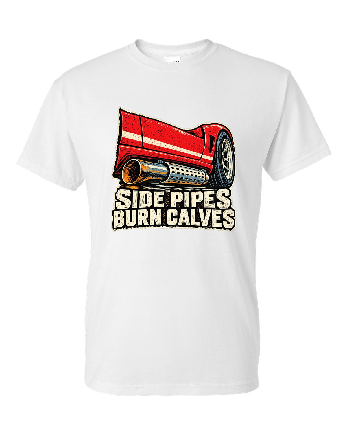 Dodge Viper RT/10 Side Pipe Linocut white t-shirt front view with the design