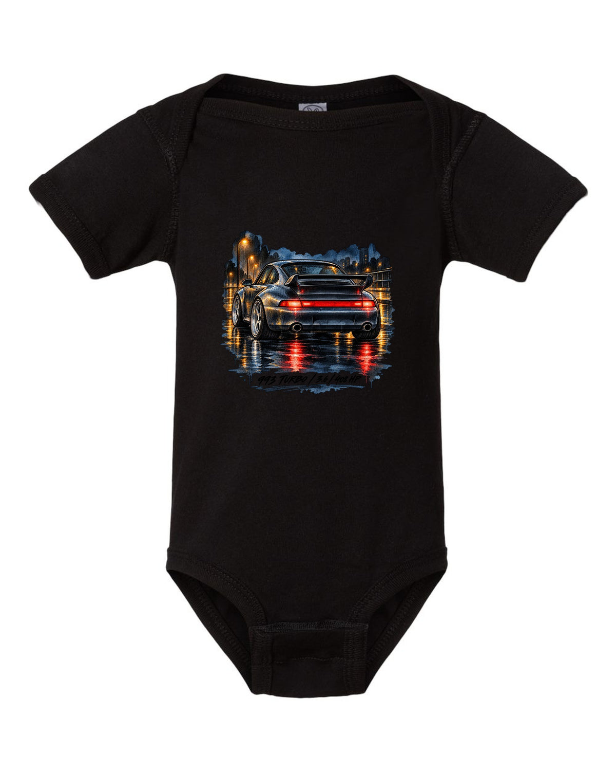 Spec sheet data plate design for the 1978 Porsche 911 Turbo 3.3 930 black baby onesie front view with the design