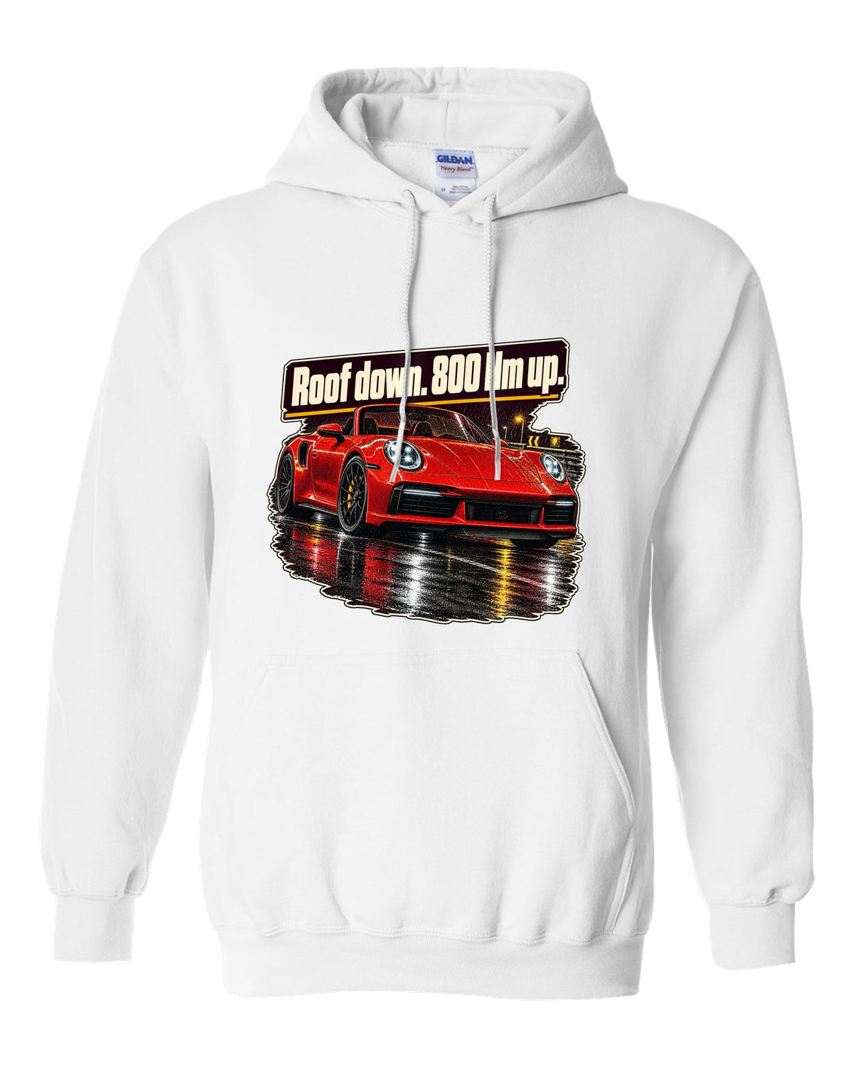 Night street print of a Porsche 992 Turbo S Cabriolet with roof down white pull over hoodie front view with the design