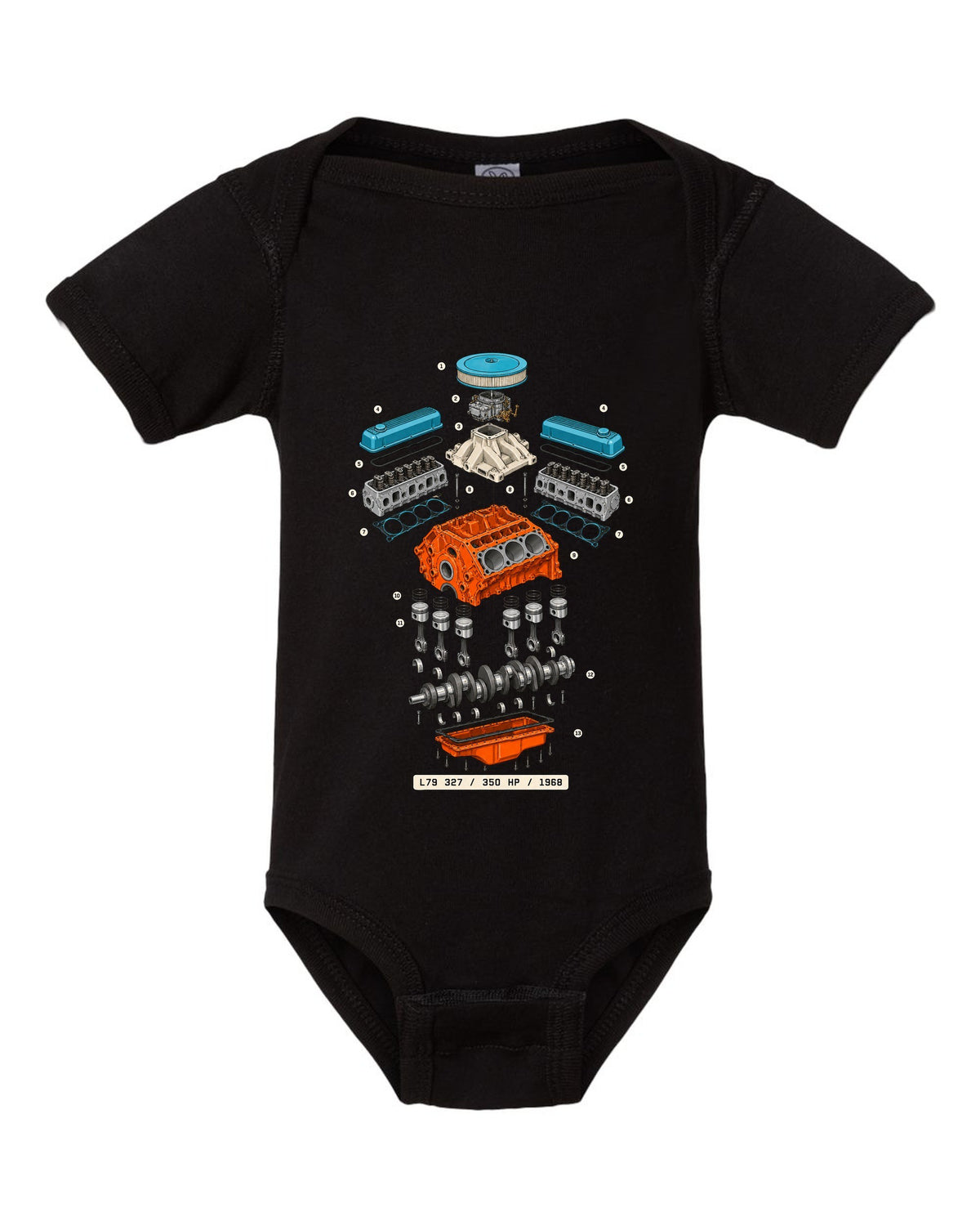 Exploded cutaway print of a 1968 Chevrolet Nova L79 327 engine with the text 350 HP, 1968 black baby onesie front view with the design