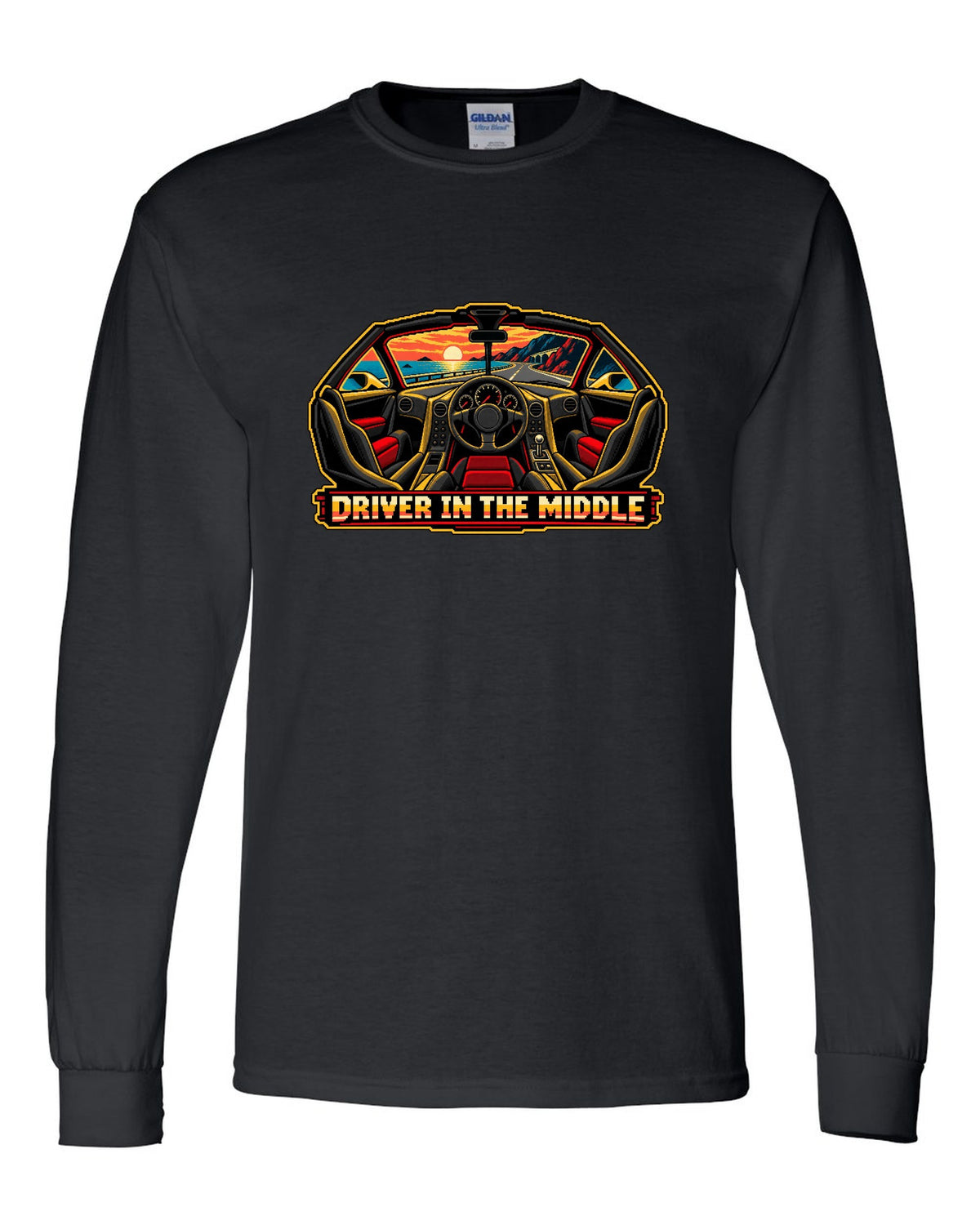 8/16-bit pixel art print of the McLaren F1 with Driver in the Middle lettering black long sleeve front view with the design