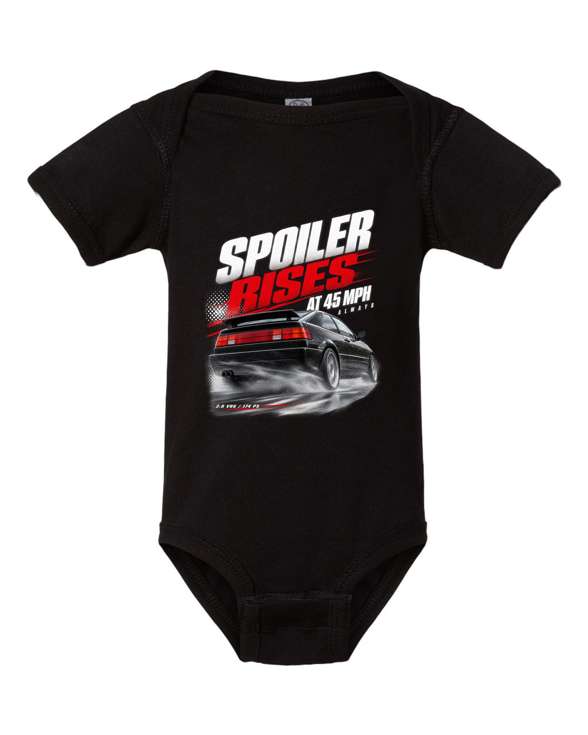 Race poster print of a VW Corrado VR6 rear three-quarter with spoiler rises at 45 mph text black baby onesie front view with the design