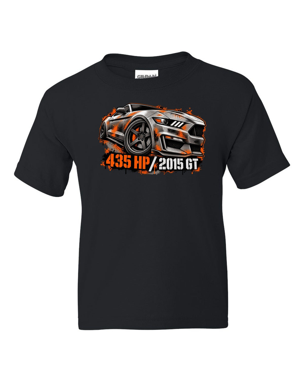 Stencil spray street art 2015 S550 Ford Mustang GT fastback with 435 HP text black kids tee front view with the design