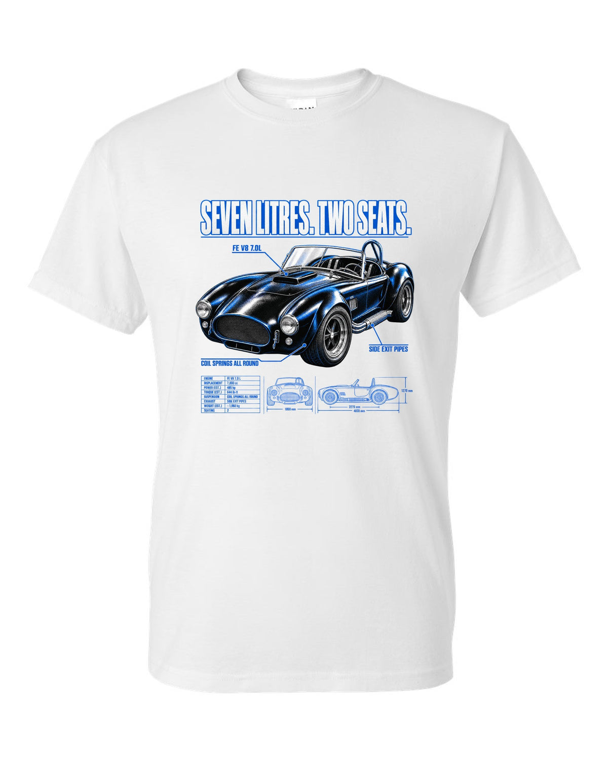 Top-down spec poster print of a 1965-1967 Shelby-style 427 roadster white t-shirt front view with the design