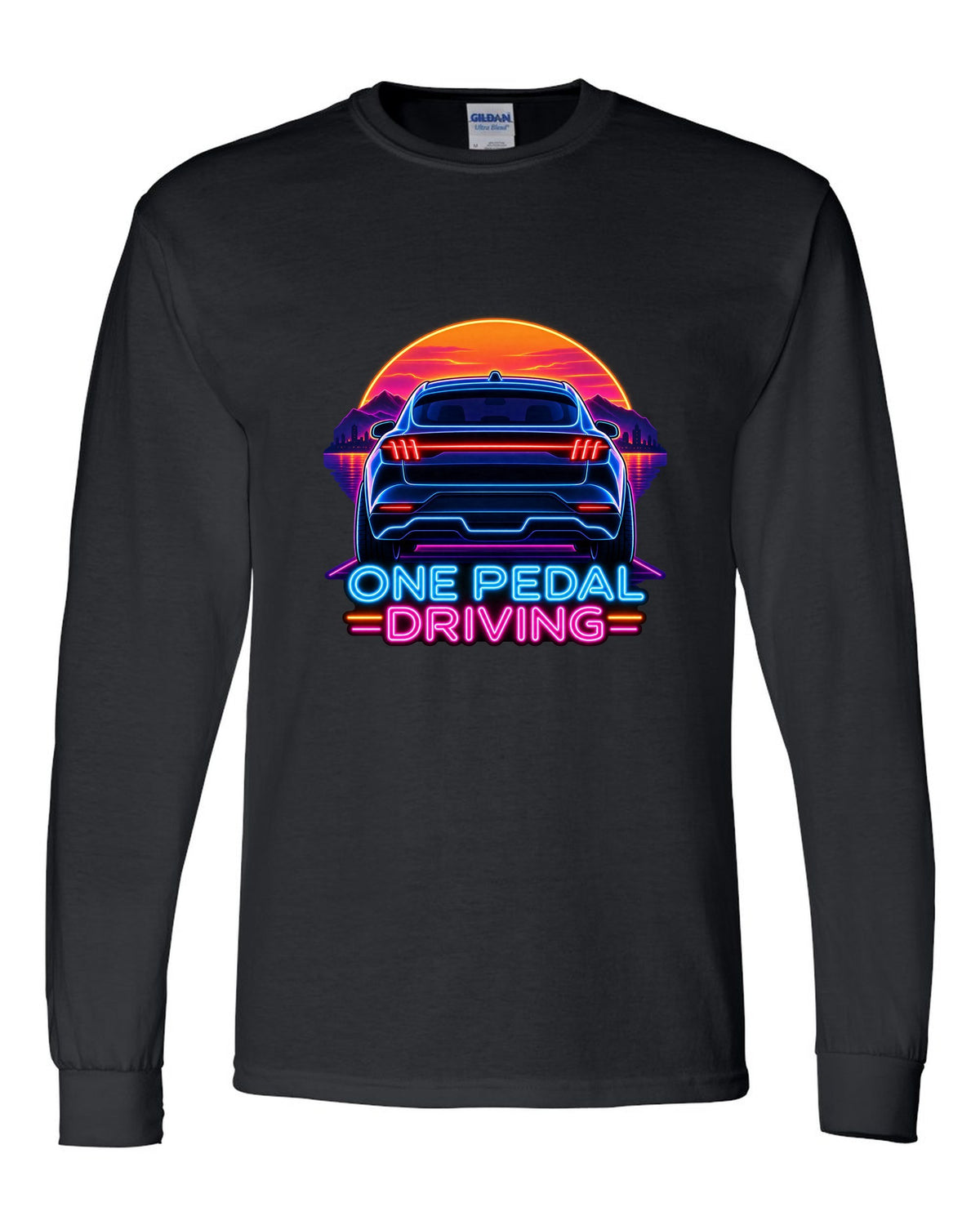 Neon sign print of the 2020 Mustang Mach-E CX727 tail bar reading One Pedal Driving black long sleeve front view with the design