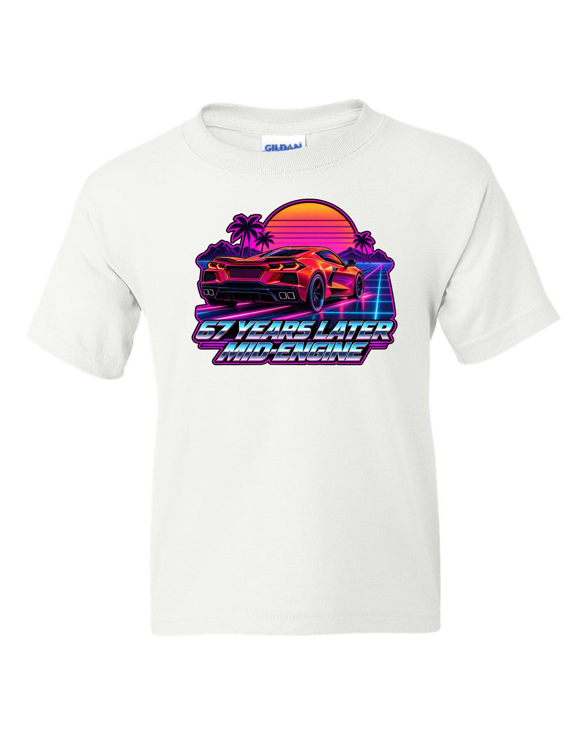 Spec-sheet data plate with overhead view of a 2023 C8 Corvette Z06 white kids tee front view with the design